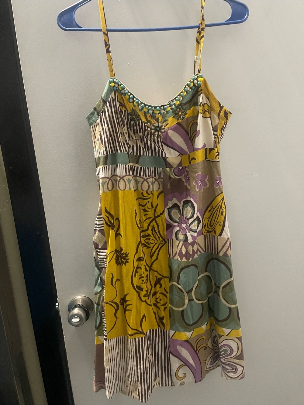 Bohemian Patchwork Mini Dress in Mustard and Teal